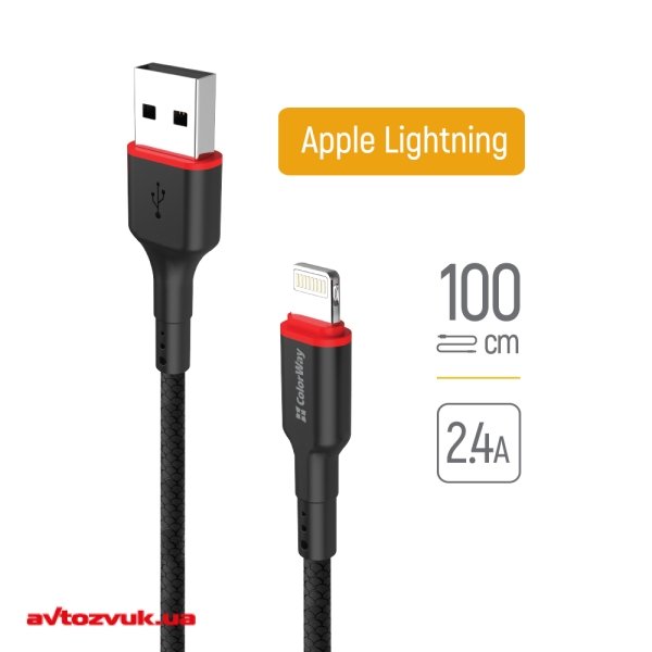 Кабель iPhone/iPod/iPad ColorWay USB - Apple Lightning (PVC - red head) 2.4А 1м CW-CBUL064-BK